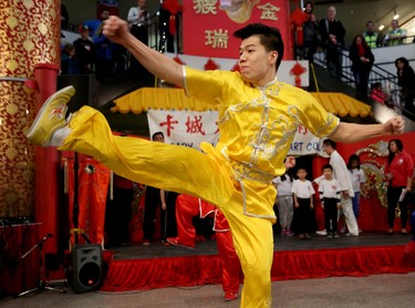 A member of the Calgary Tai Chi and Martial Arts College performs during the opening ceremonies of the 2016 Year of the Monkey Chinese New Year Carnival at the Chinese Cultural Centre in Calgary, Ab., on Saturday January 30, 2016.
Photo by Leah Hennel/Postmedia