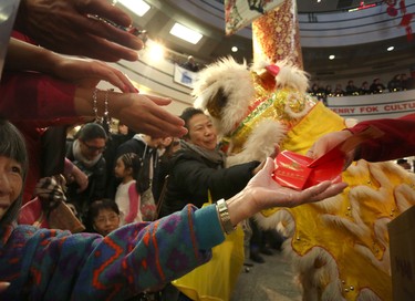 Members of the Calgary Tai Chi and Martial Arts College performs the lion Dance and hand out red envelopes during the opening ceremonies of the 2016 Year of the Monkey Chinese New Year Carnival at the Chinese Cultural Centre in Calgary, Ab., on Saturday January 30, 2016.
Photo by Leah Hennel/Postmedia
For City by ?