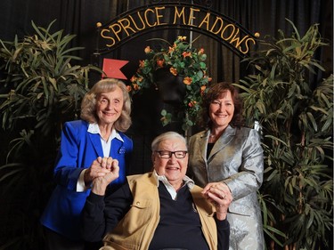 Marg and Ron Southern with daughter Linda Southern-Heathcott, pictured in March 2015, in front of one of the original jumps that was used at Spruce Meadows 40 years ago.