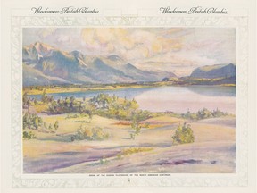 A historic painting done for the CPR to promote travel with a view of Lake Windermere from Invermere townsite. This is the location of Highland Crossing, a seven-unit townhome development by Urban West Projects.