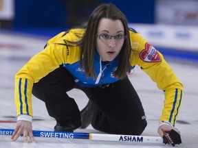 Alberta skip Val Sweeting watches her shot during the Scotties last winter. She enters the Alberta Scotties — which begin Wednesday at Calgary's North Hill Curling Club.