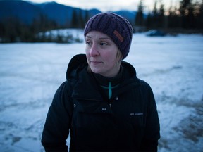 Thea Pelletier, of Edmonton pauses while being interviewed after snowmobiling at Mount Renshaw near McBride, B.C., on Saturday January 30, 2016. Five snowmobilers died Friday in a major avalanche in the Renshaw area east of McBride.