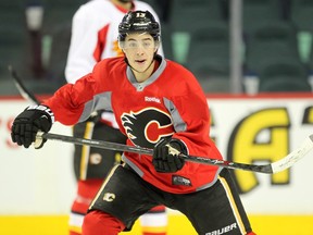 Calgary Flames left winger Johnny Gaudreau skated during practice at the Scotiabank Saddledome on January 6, 2016. (Colleen De Neve/Calgary Herald)