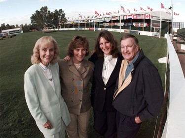 The Southern Family, pictured in the International Ring at Spruce Meadows in 1997. Left to right: Marg Southern, daughters Linda Southern-Heathcotte and Nancy Southern with their dad, Ron Southern, leaning against the railing.