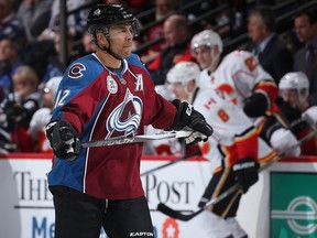 Jarome Iginla of the Colorado Avalanche looks on during a break in the action against the Calgary Flames at Pepsi Center on Saturday in Denver. He was denied his 600th career NHL goal when his old team beat his current one 4-0.