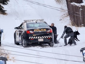 Calgary Police take cover behind a patrol car as they contain a home near where a Calgary Transit bus was hit by gunfire in northeast Calgary on Sunday.