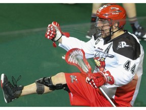 Calgary Roughnecks Dane Dobbie celebrates his goal against Vancouver Stealth in NLL action at the Scotiabank Saddledome.