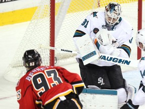 Calgary Flames centre Sam Bennett unleashes a shot on San Jose Sharks goalie Martin Jones during second period on Monday night.