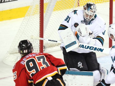 Calgary Flames centre Sam Bennett unleashed a shot on San Jose Sharks goalie Martin Jones during second period NHL action at the Scotiabank Saddledome on January 11, 2016.