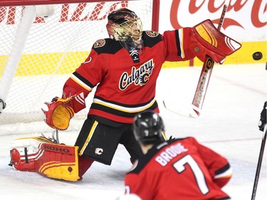 Calgary Flames goalie Jonas Hiller fielded a shot by the Florida Panthers during second period NHL action at the Scotiabank Saddledome on January 13, 2016.