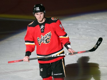 Calgary Flames centre Sam Bennett skated out with a signed stick after being named the first star of the game against the Florida Panthers in NHL action at the Scotiabank Saddledome on January 13, 2016. The Flames shutout the Panthers 6-0 thanks in part to the 4 goals by  Bennett.