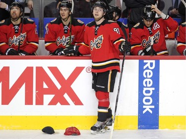 Calgary Flames centre Sam Bennett stood by the bench surrounded by hats after scoring his third goal of the game against the Florida Panthers during first period  NHL action at the Scotiabank Saddledome on January 13, 2016.