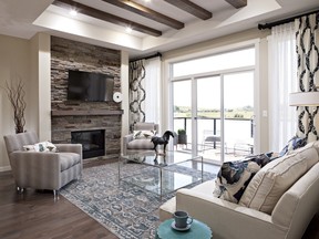 The great room in the show home at the Shoreline Villas by GableCraft Homes in Airdrie.