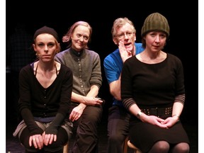 Jamie Tognazzini, left, Denise Clark, Andy Curtis and Karen Hines work on a scene from their new show, Calgary I Love You, But You're Killing Me, part of One Yellow Rabbit's High Performance Rodeo. ( Lorraine Hjalte/Calgary Herald)