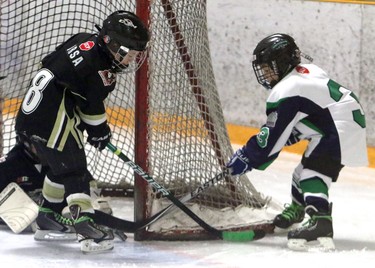 Henry Coombe with the Springbank Rockies N7 Blue  tries a wraparound as Wyatt Irsa from the Crowfoot Sharks N7 makes the block during a Novice North Esso Minor Hockey Week at Shouldice Arena, on January 16, 2016. (Christina Ryan/Calgary Herald)