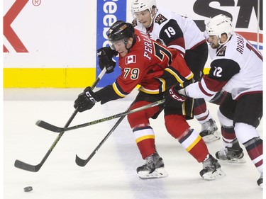 Calgary Flames Micheal Ferland fends off two Arizona Coyotes, Shane Doan and Brad Richardson, during game action at the Scotiabank Saddledome in Calgary, on January 7, 2016.