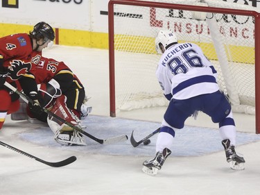 Tampa Bay Lightning Nikita Kucherov couldn't get the puck into the empty net during game action at the Saddledome in Calgary, on January 5, 2016.
