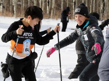 Olympic gold medalist Beckie Scott plays a game of tag on skis with Tsuu T'ina Junior/Senior High School students as they  learn to cross-country ski near their school as part of the ATCO sponsored Ski Fit North program on Thursday January 21, 2016.