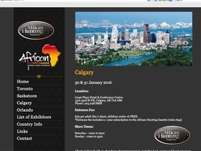 A screen shot of the website for the African Hunting Gazette event in Calgary.