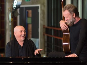 In this image provided by Peter Gabriel Ltd, on Monday Jan. 18, 2016 British musicians Peter Gabriel, left, and Sting, at the Real World Studios in Box, England on Monday Jan. 4, 2016. Sting and Peter Gabriel are joining forces, bands and songs for a joint headline tour across North America and Canada. The artists will perform each other's songs for a tour that they hope will have a playful vibe. They joke that they'll be making all decisions by playing the game Rock, Paper, Scissors -the name of the tour.