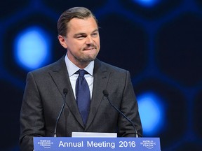 US actor Leonardo DiCaprio delivers a speech after he was awarded during the 22nd Annual Crystal Awards at the opening of the World Economic Forum (WEF) in Davos on January 19, 2016.  More than 40 heads of states and governments attend the WEF in Davos, which this year is focused on "mastering the fourth Industrial Revolution," organisers said.