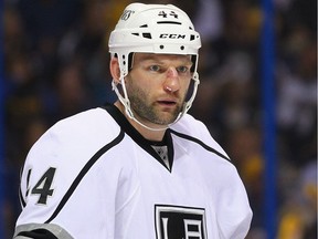 Robyn Regehr #44 of the Los Angeles Kings looks on prior to a face off against the St. Louis Blues in Game One of the Western Conference Quarterfinals during the 2013 NHL Stanley Cup Playoffs at the Scottrade Center on April 30, 2013 in St. Louis, Missouri.  The Blues beat the Kings 2-1 in overtime.