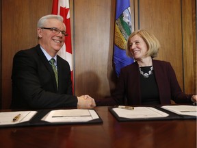 Manitoba Premier Greg Selinger and Alberta Premier Rachel Notley sign a memorandum of understanding on shared energy and climate change Friday, January 8, 2016 at the Manitoba Legislature in Winnipeg.