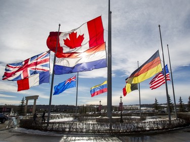 Flags fly at half mast during the funeral of Ronald D. Southern at Spruce Meadows in Calgary, Alta., on Thursday, Jan. 28, 2016. Ron Southern, a prominent philanthropist and businessman, is best known for start the Spruce Meadows show jumping facility 40 years ago and building ATCO into an international business powerhouse. Lyle Aspinall/Postmedia Network