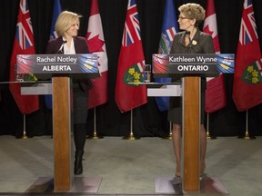 Ontario Premier Kathleen Wynne, right, and Alberta Premier Rachel Notley take part in a joint press conference following their meeting in Toronto on Jan. 22.