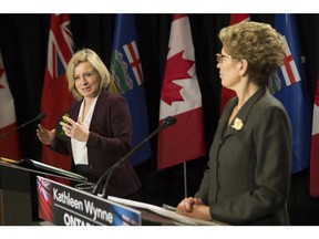 Alberta Premier Rachel Notley, left, and Kathleen Wynne take part in a joint press conference at the Queens Park Legislature following their meeting in Toronto on Friday, Jan. 22, 2016.