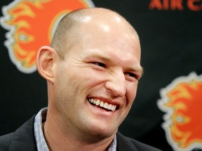 Robyn Regehr announces his retirement as a Calgary Flame at a ceremony during a press conference at the Scotiabank Saddledome in Calgary on January11, 2016.