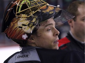 Calgary Flames goalie Jonas Hiller during practice at the Scotiabank Saddledome in Calgary on January 12, 2016.