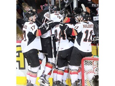 The Calgary Hitmen celebrate their 3-2 overtime win over the Edmonton Oil Kings on Saturday, January 16, 2016 at the Saddledome.