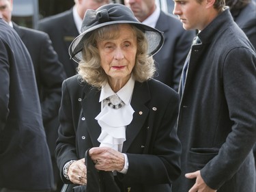 Marg Southern, wife of the late Ronald D. Southern, arrives with family for her husband's funeral at Spruce Meadows in Calgary, Alta., on Thursday, Jan. 28, 2016. Ron Southern, a prominent philanthropist and businessman, is best known for start the Spruce Meadows show jumping facility 40 years ago and building ATCO into an international business powerhouse. Lyle Aspinall/Postmedia Network
