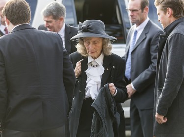 Marg Southern, wife of the late Ronald D. Southern, arrives with family for her husband's funeral at Spruce Meadows in Calgary, Alta., on Thursday, Jan. 28, 2016. Ron Southern, a prominent philanthropist and businessman, is best known for start the Spruce Meadows show jumping facility 40 years ago and building ATCO into an international business powerhouse. Lyle Aspinall/Postmedia Network