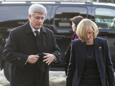 Former Prime Minister Stephen Harper and his wife Laureen Harper arrive for the funeral of Ronald D. Southern at Spruce Meadows in Calgary, Alta., on Thursday, Jan. 28, 2016. Ron Southern, a prominent philanthropist and businessman, is best known for start the Spruce Meadows show jumping facility 40 years ago and building ATCO into an international business powerhouse. Lyle Aspinall/Postmedia Network