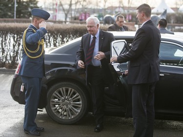 Gov. Gen. David Johnston arrives for the funeral of Ronald D. Southern at Spruce Meadows in Calgary, Alta., on Thursday, Jan. 28, 2016. Ron Southern, a prominent philanthropist and businessman, is best known for start the Spruce Meadows show jumping facility 40 years ago and building ATCO into an international business powerhouse. Lyle Aspinall/Postmedia Network