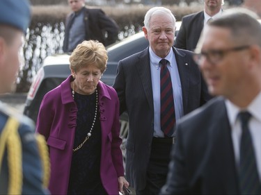 Gov. Gen. David Johnston and his wife Sharon Johnston arrive for the funeral of Ronald D. Southern at Spruce Meadows in Calgary, Alta., on Thursday, Jan. 28, 2016. Ron Southern, a prominent philanthropist and businessman, is best known for start the Spruce Meadows show jumping facility 40 years ago and building ATCO into an international business powerhouse. Lyle Aspinall/Postmedia Network