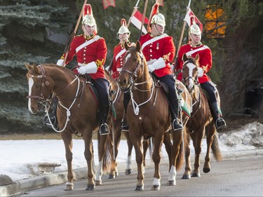 Members of Lord Strathcona's Horse (Royal Canadian) ride before the funeral of Ronald D. Southern at Spruce Meadows in Calgary, Alta., on Thursday, Jan. 28, 2016. Ron Southern, a prominent philanthropist and businessman, is best known for start the Spruce Meadows show jumping facility 40 years ago and building ATCO into an international business powerhouse. Lyle Aspinall/Postmedia Network