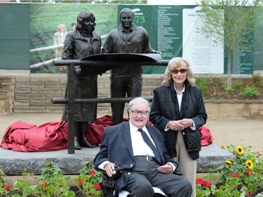 Spruce Meadows founders Ron and Marg Southern are pictured with the statue that honours their efforts in creating the show jumping facility. Courtesy, Spruce Meadows Media.