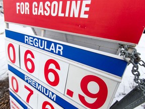 The price of regular gasoline sits at 66.9 cents per litre at the Heritage Gate Costco in Calgary on Wednesday, Jan. 20, 2016. Gas prices haven't been below 70 cents per litre for the past seven years.