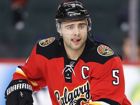 Calgary Flames Mark Giordano during the pre-game skate before playing the Nashville Predators in Calgary on Wednesday, Jan. 27.