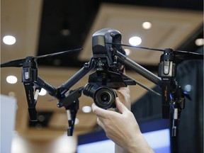 The DJI Inspire Raw drone helicopter is on display at CES Unveiled, a media preview event for CES International, Monday, Jan. 4, 2016, in Las Vegas.