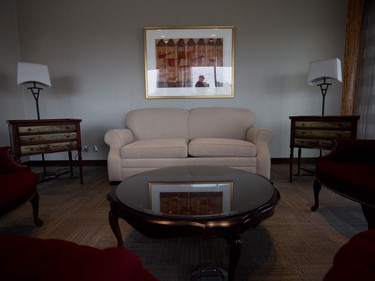 The former Premier Alison Redford's couch is all that's left of her original plan for the so-called sky palace that's now been repurposed as meeting rooms in Edmonton, Alta., on Tuesday, January 26, 2016. The space came to symbolize the excesses of the Progressive Conservative government.