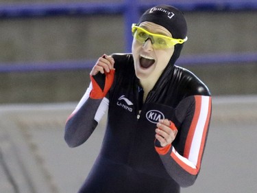 Heather McLean reacted to winning the women's 500m start during the Canadian Championships at the Olympic Oval in Calgary o January 5, 2015.