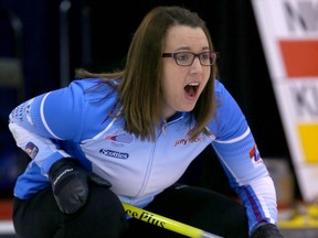 Val Sweeting calls to teammates during the 2016 Jiffy Lube Alberta Scotties Tournament of Hearts at the North Hill Curling Club in Calgary on Jan. 21, 2016.