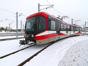 One of Calgary Transit's new Mask S200 CTrain cars conducts a short test run on track in northeast Calgary on Friday January 15, 2016.
