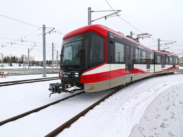 One of Calgary Transit's new "Mask"  S200 CTrain cars conducts a short test run on track in northeast Calgary on Friday January 15, 2015.