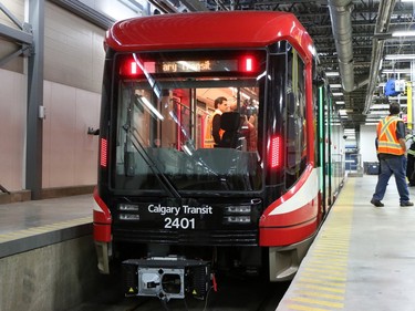 The exterior of Calgary Transit's new  "Mask"  S200 CTrain car features improved LED lighting and the stylized look of a hockey mask on each end.