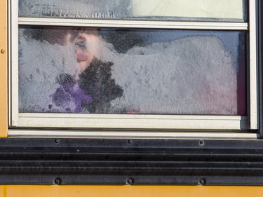 A kid on a school bus decides to clear away some frost and see what the windows taste after a trip to the Calgary zoo on the chilly morning of January 9, 2016.